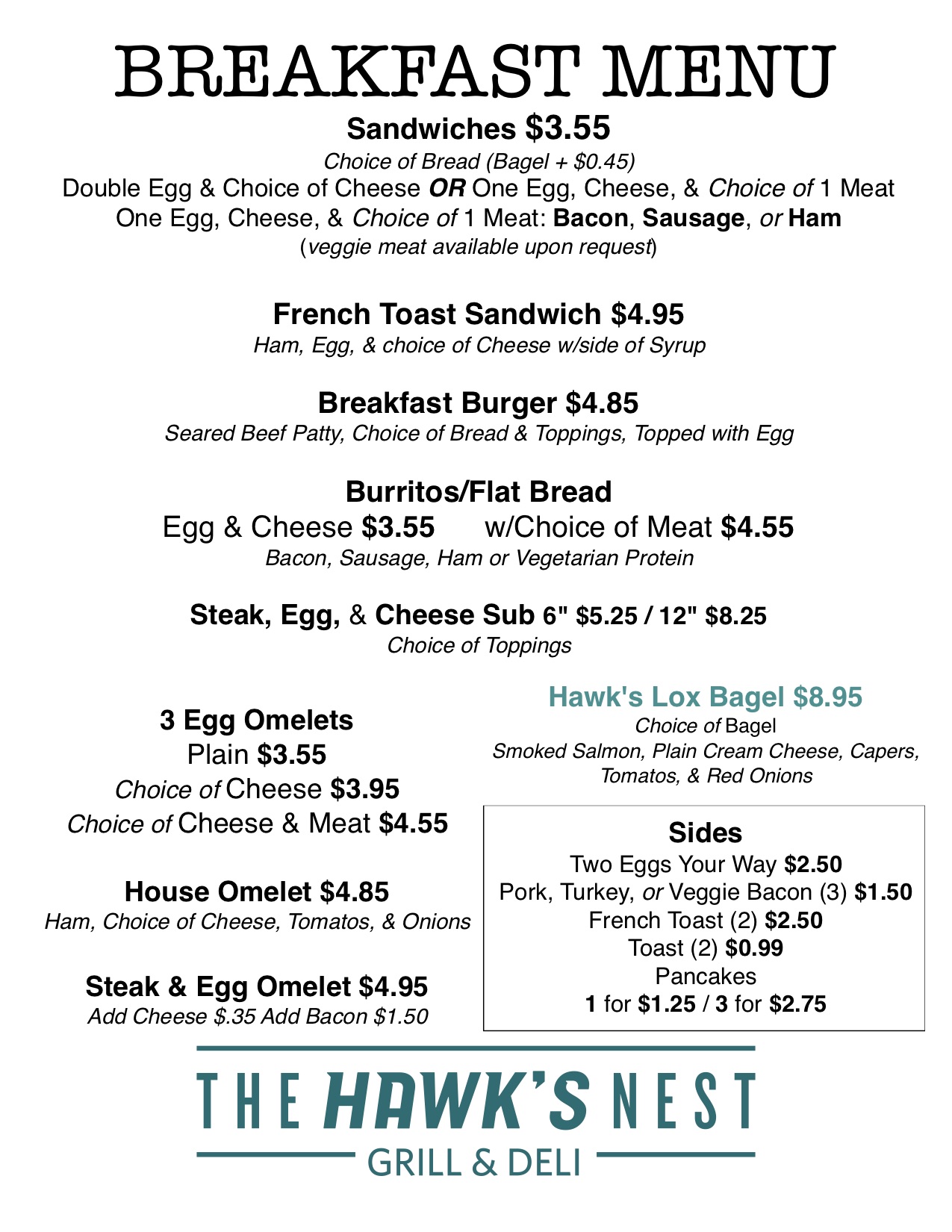 Menus Hawk’s Nest Grill & Deli / Catering